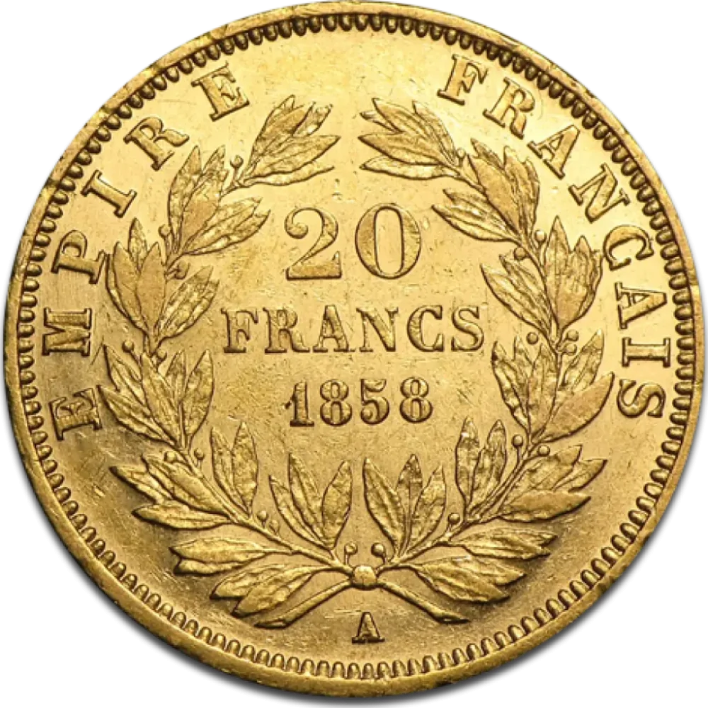 6.45 гр. златна монета 20 Френски Франка Наполеон III 1853-1860